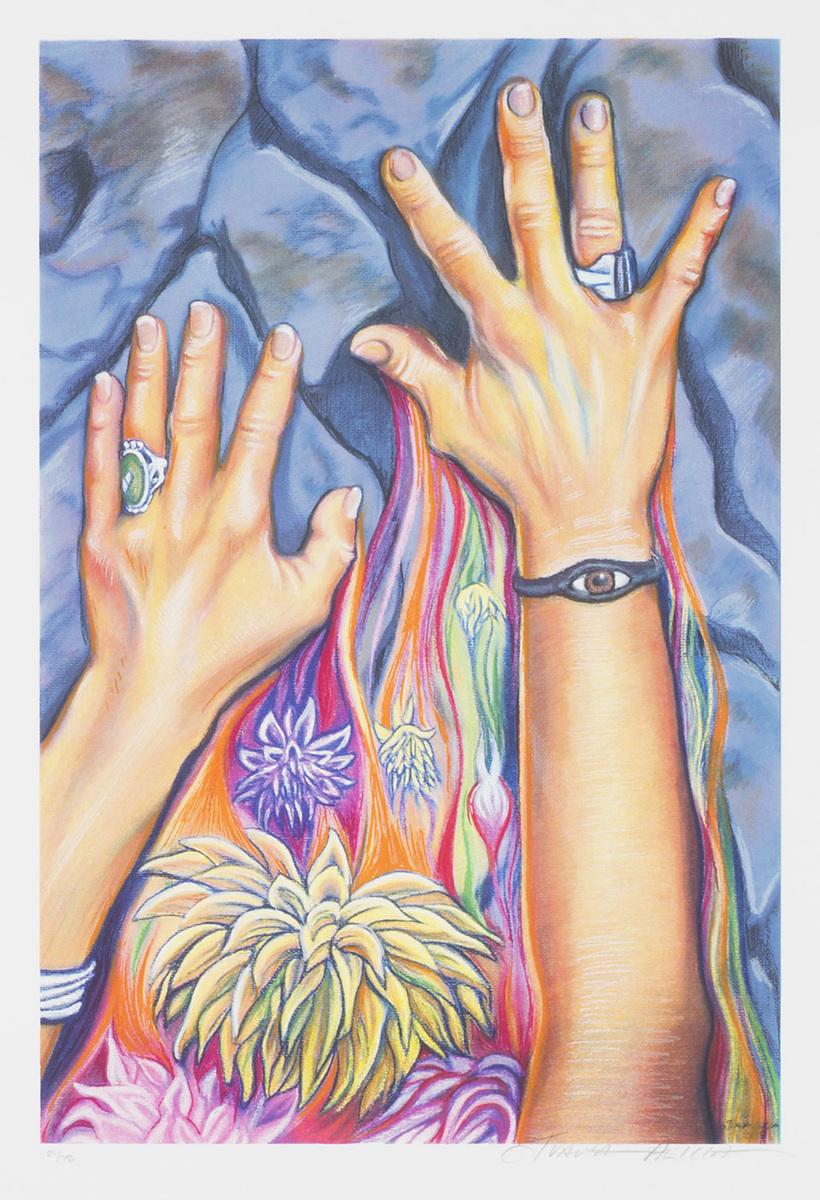 A painting of a woman’s hands, grasping at a stone surface