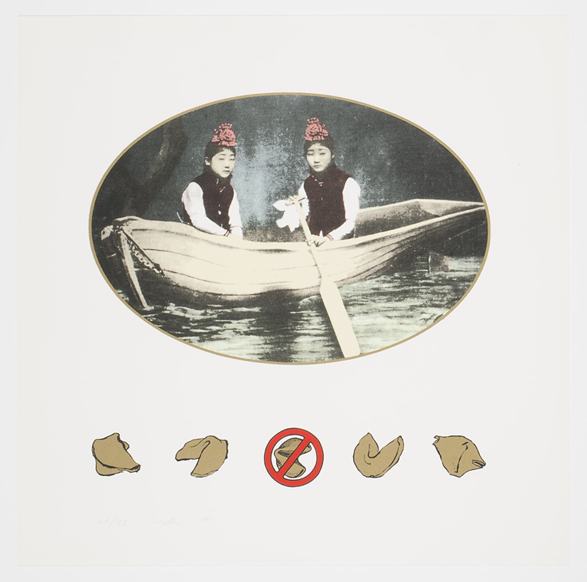 a historical photo of two people in a boat in in an oval over five fortune cookies in a row, the middle fortune cookie has a no symbol