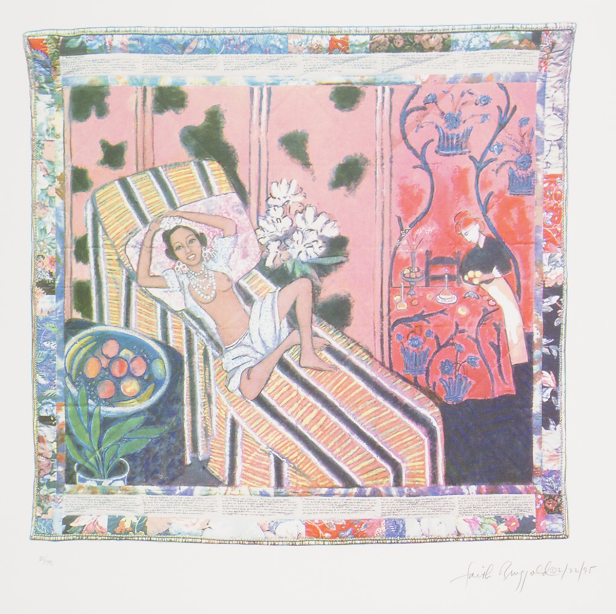 a woman reclines casually, topless in colorful surroundings