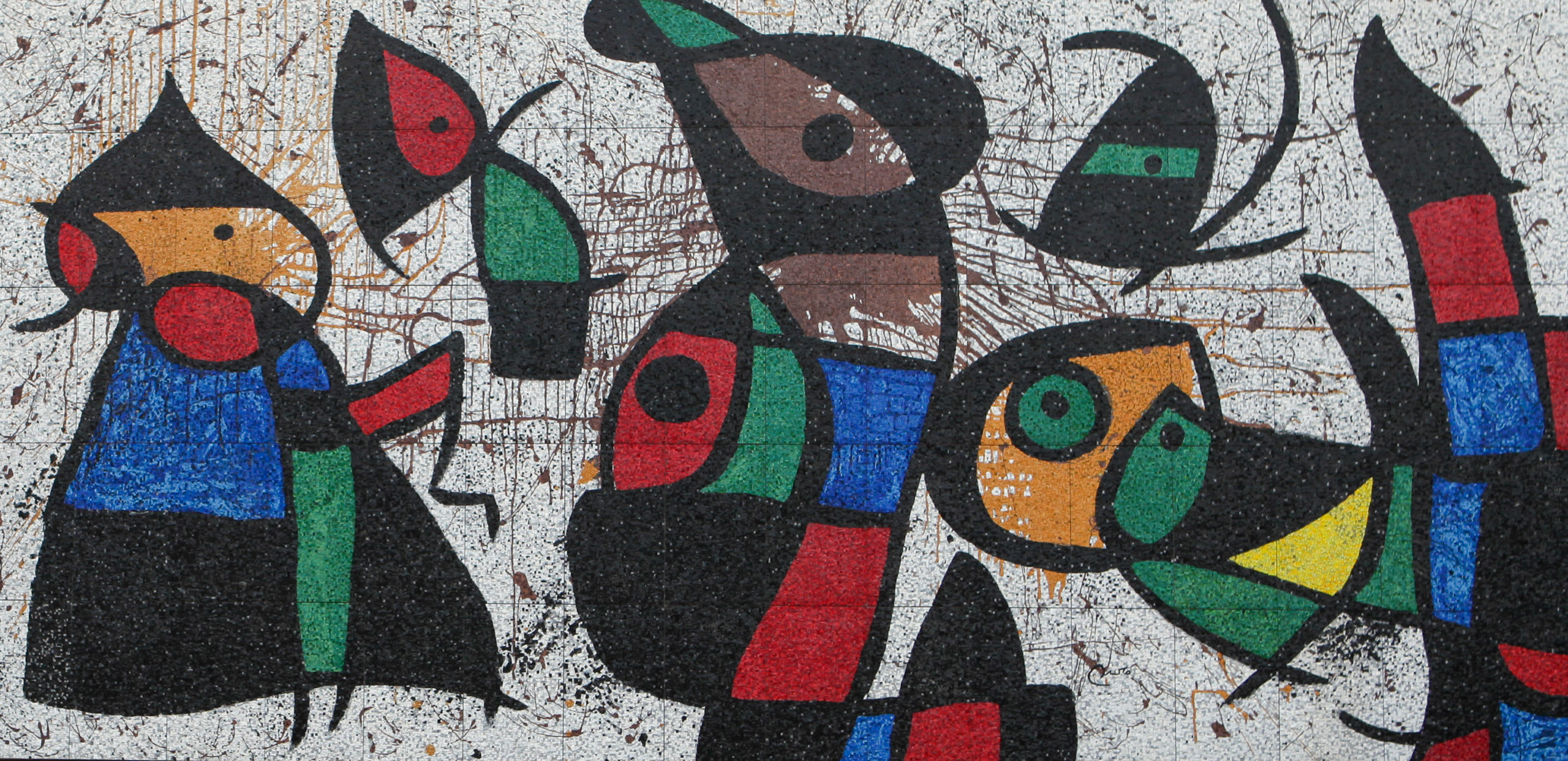 Personnages Oiseaux or Bird People, mural in tile on the side of the Ulrich Art Museum by Joan Miró