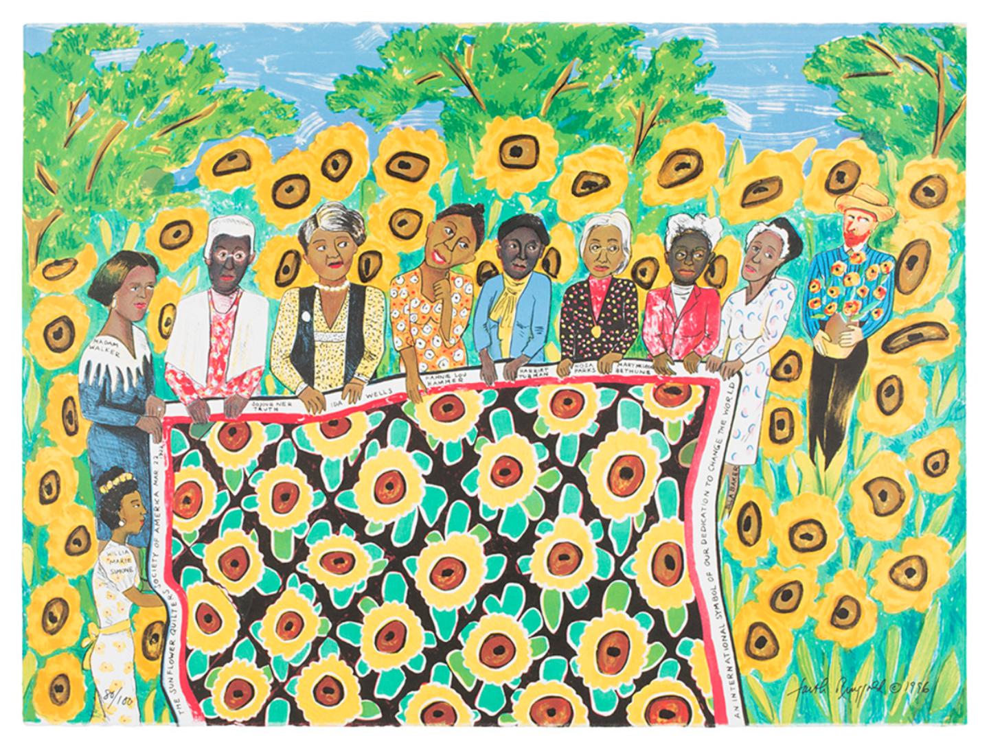 9 black women hold a sunflower quilt in a field of sunflowers with Van Gough standing beside them