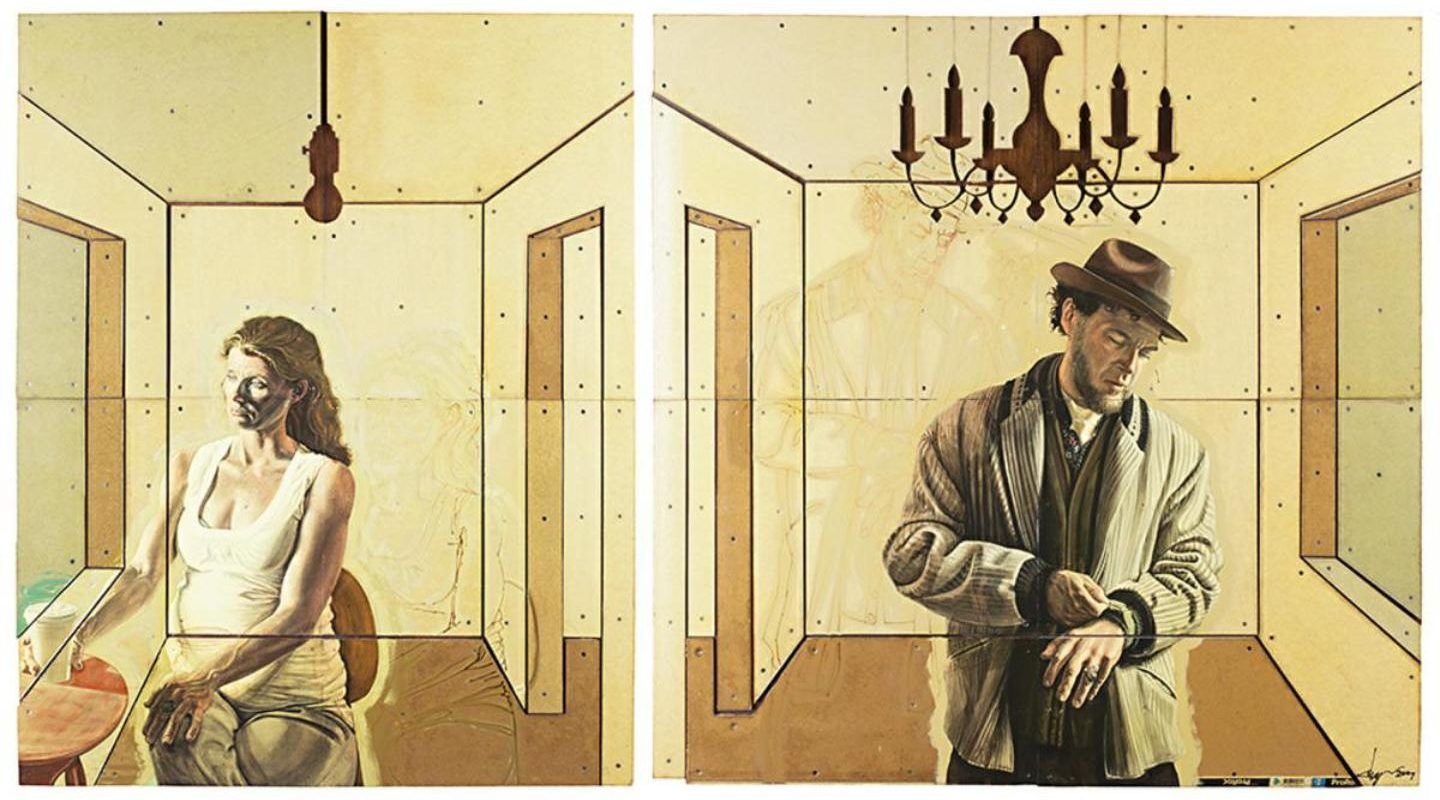 A pregnant woman looks out a window while a man in a hat looks the other way adjusting his cuff