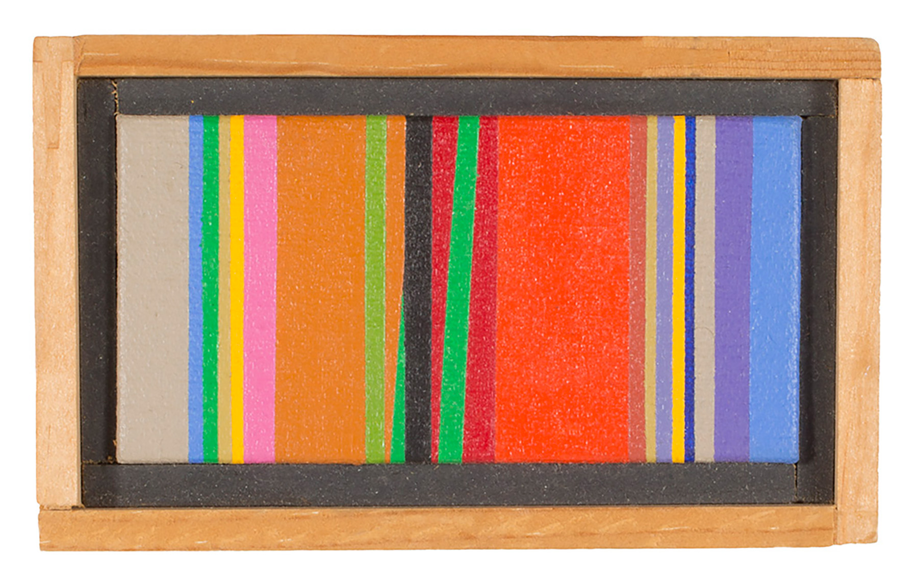 Varying colors of vertical stripes make up this short, wide painting.