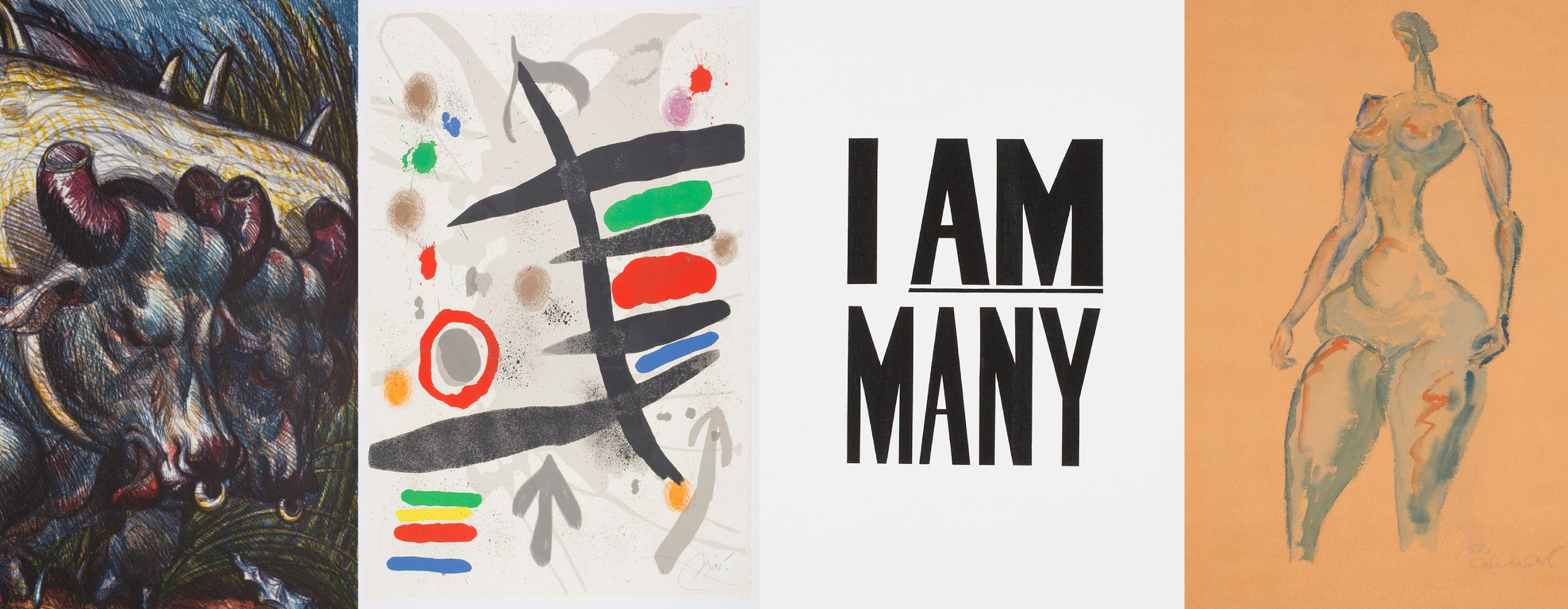 For details from artworks in a row: from left to right, a closeup of oxen from a sculpture, an abstract constructed of black, green, red and blue lines, the words "I AM MANY," and a sketch of a female figure.