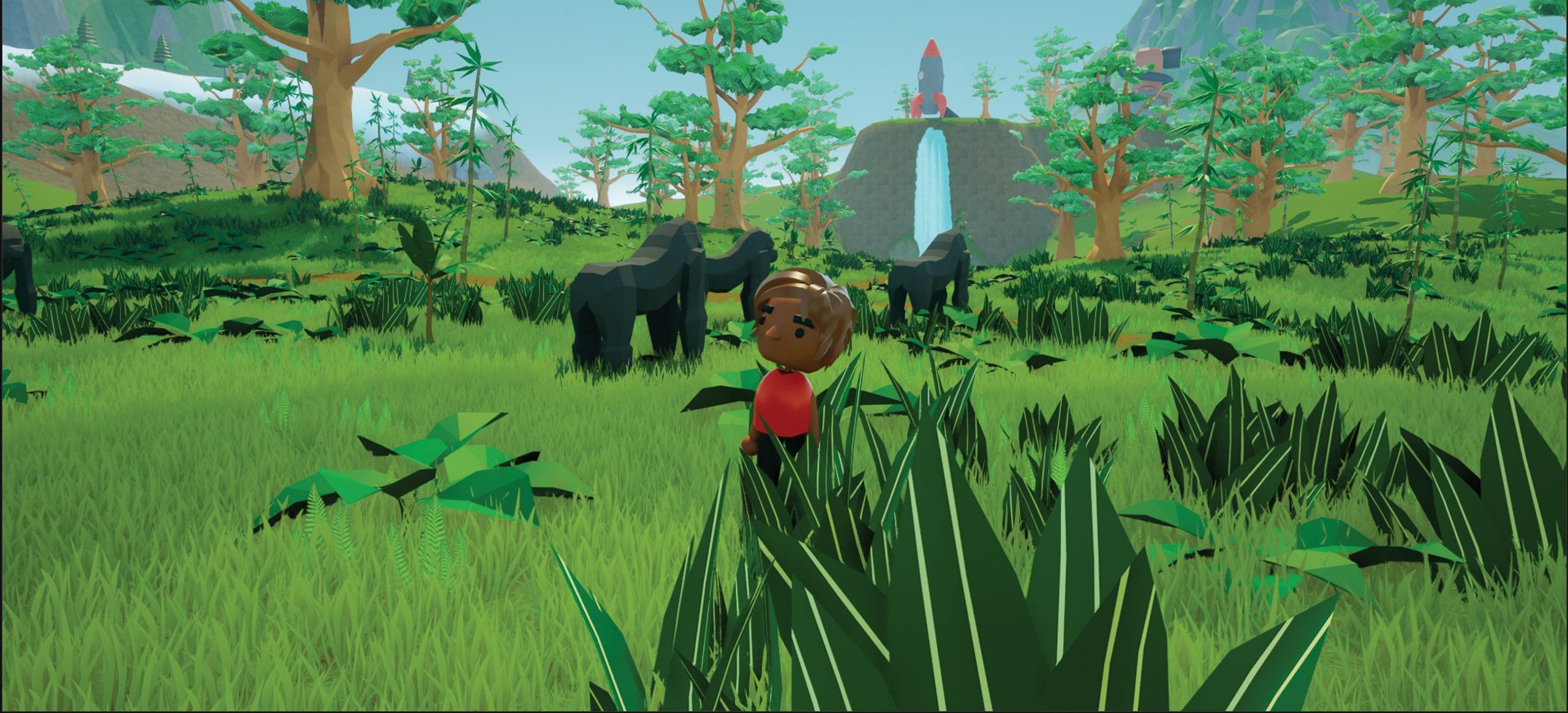 digital image of a boy in a field with three gorillas