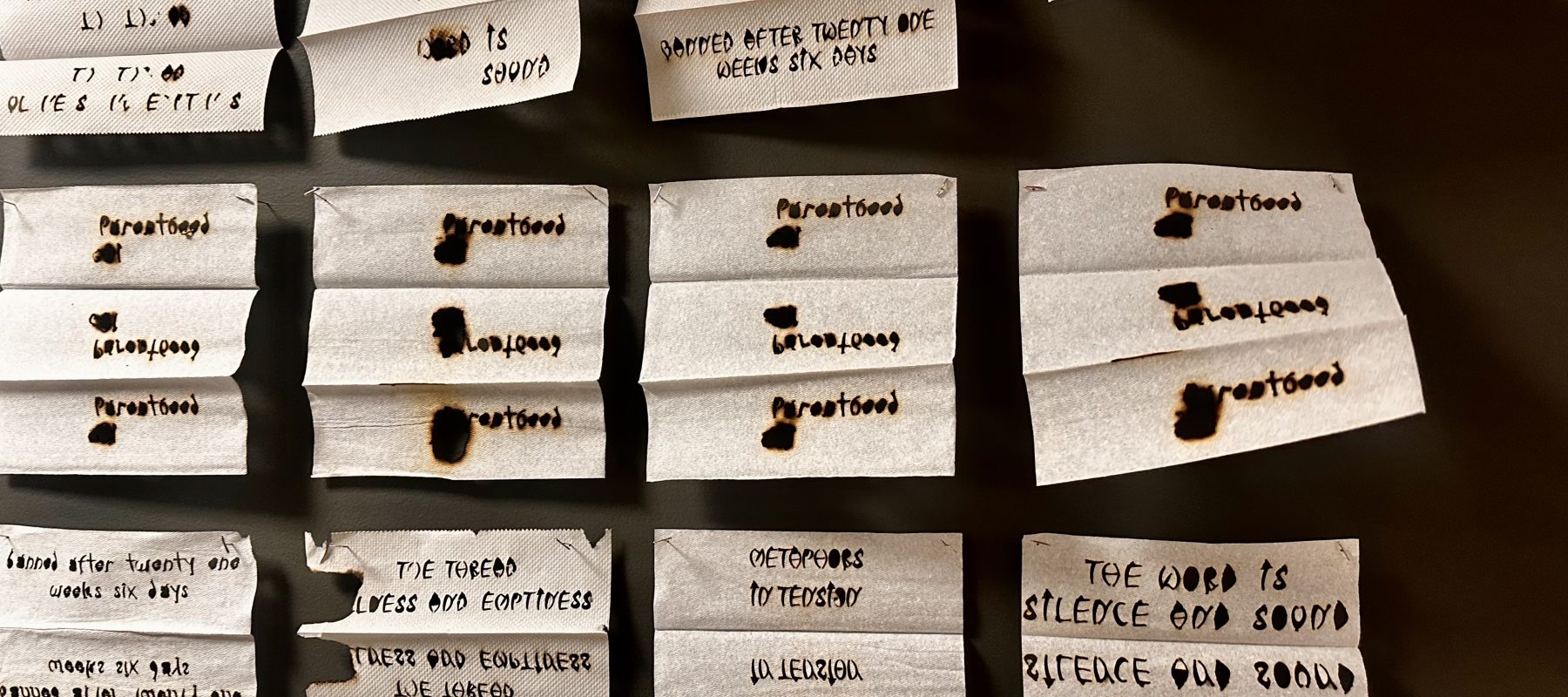 Paper towels contain messages that are woodburned into them.
