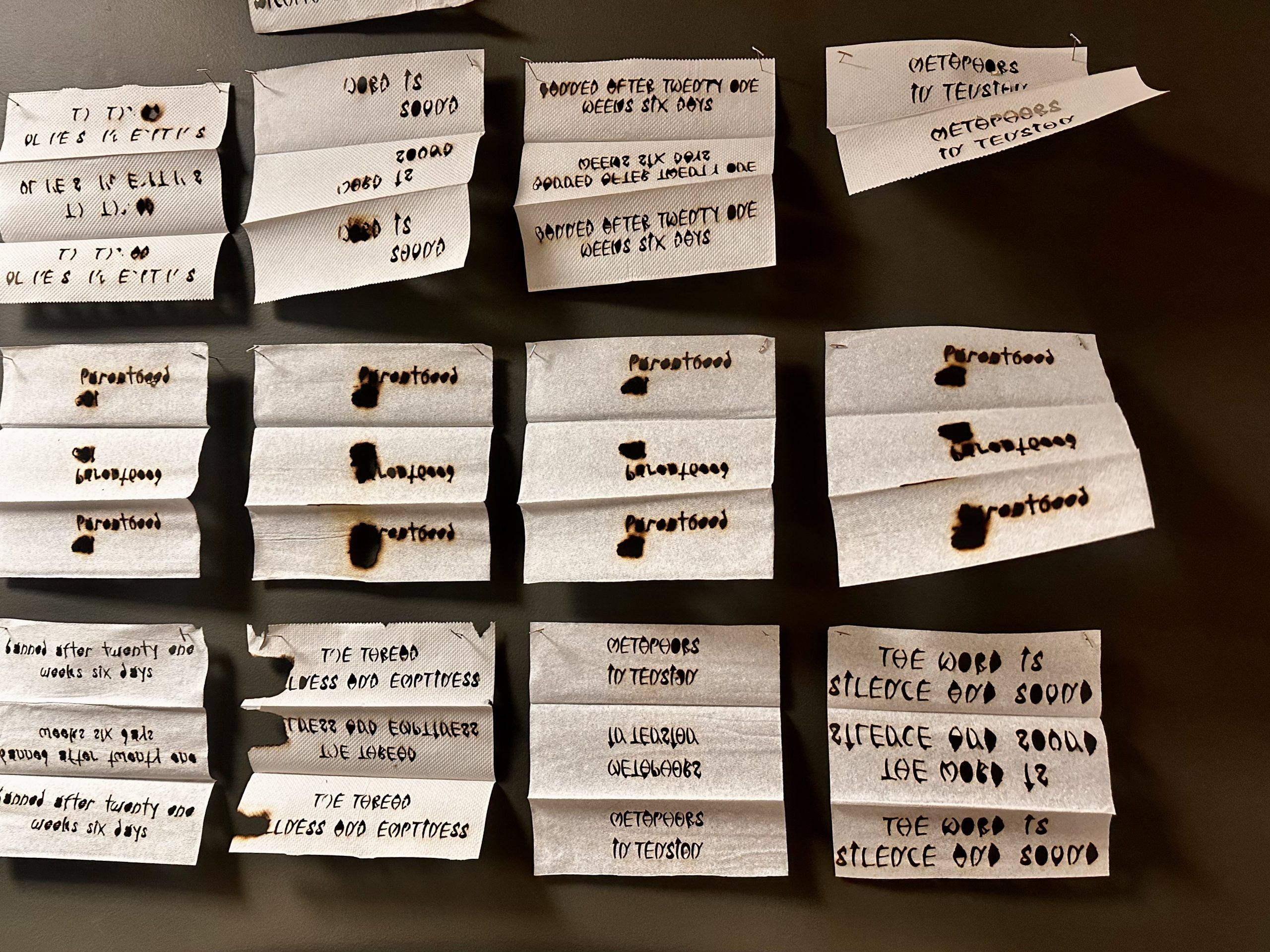 Paper towels contain messages that are woodburned into them.