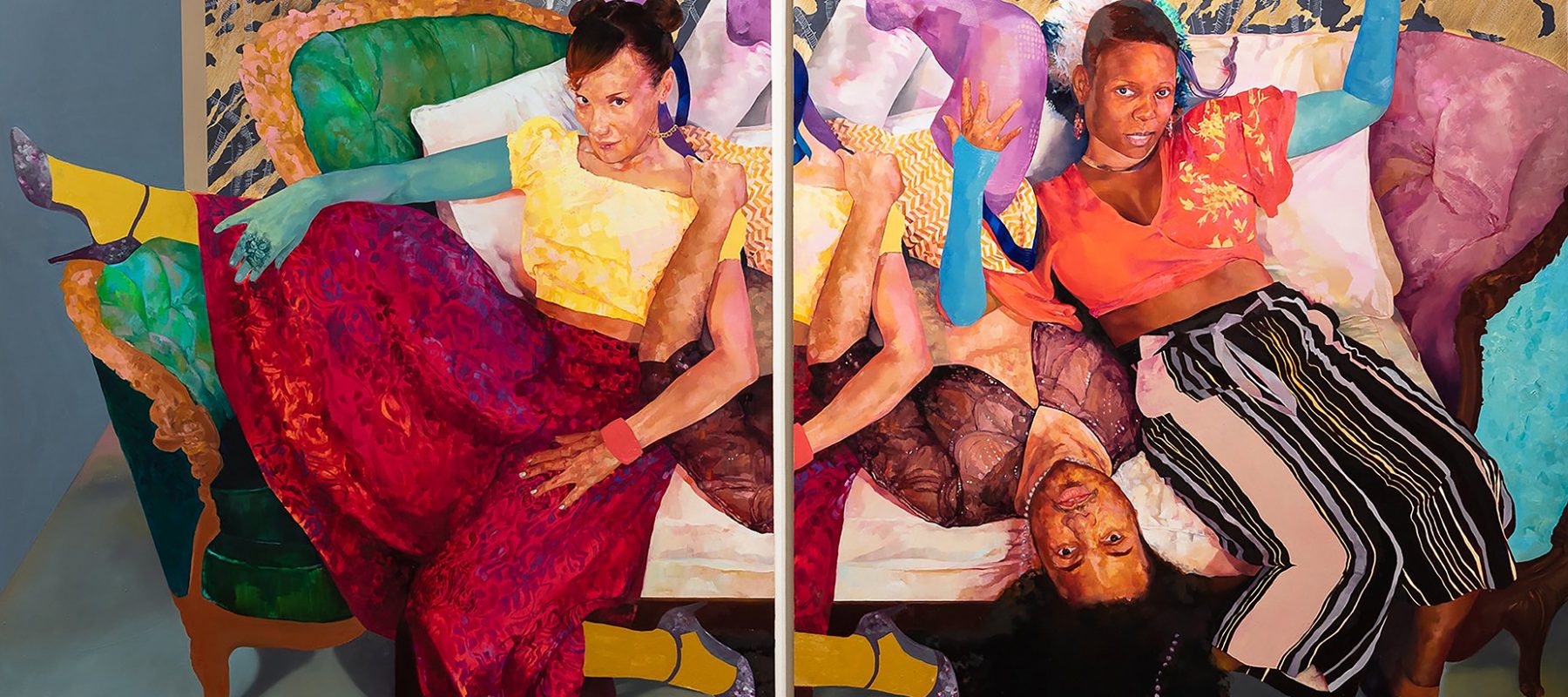A painting of three people relaxing on a couch.