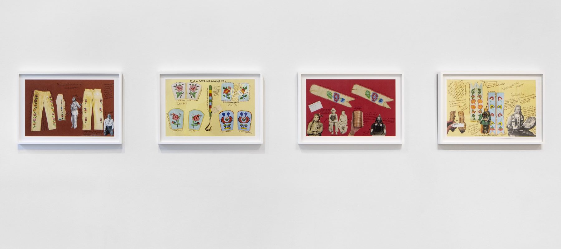 Four paintings hang in a horizontal row.