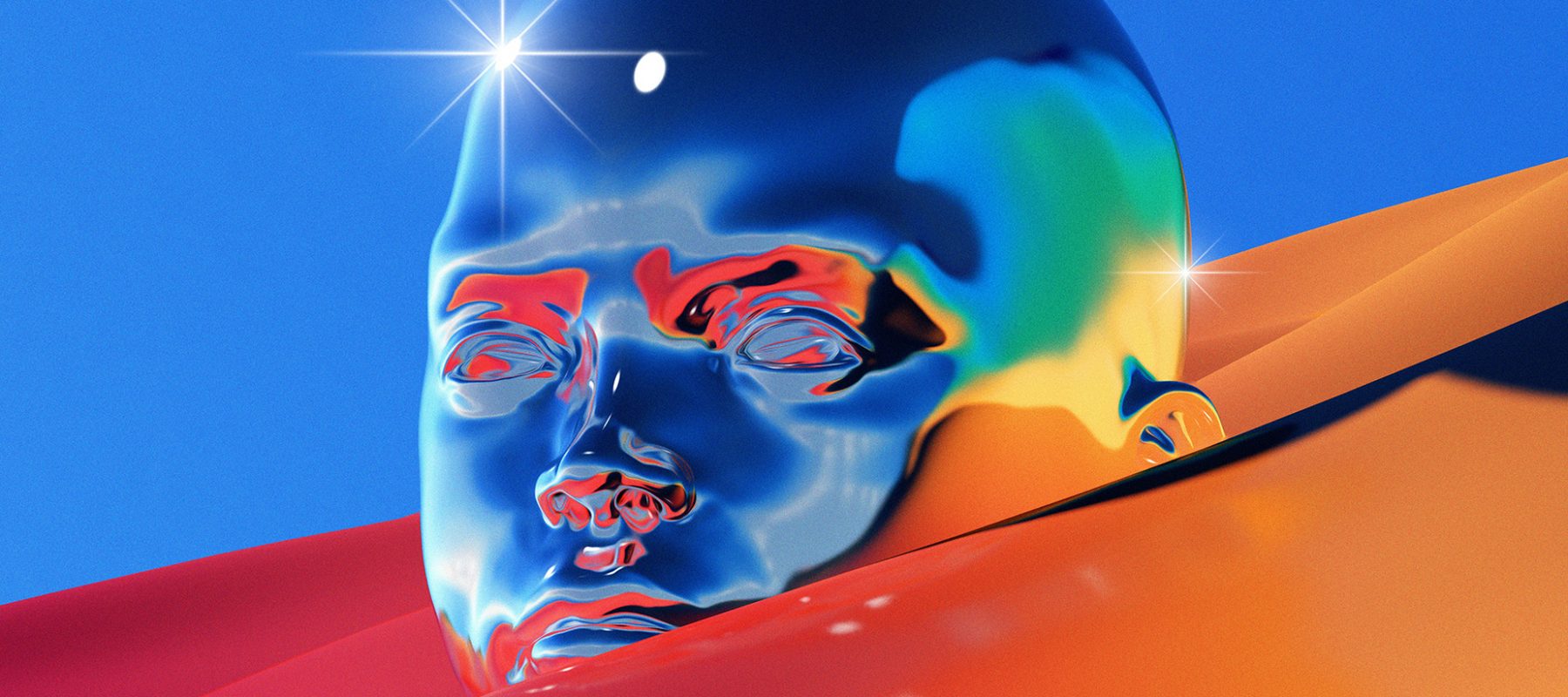 A surreal image of a boy's head in many colors