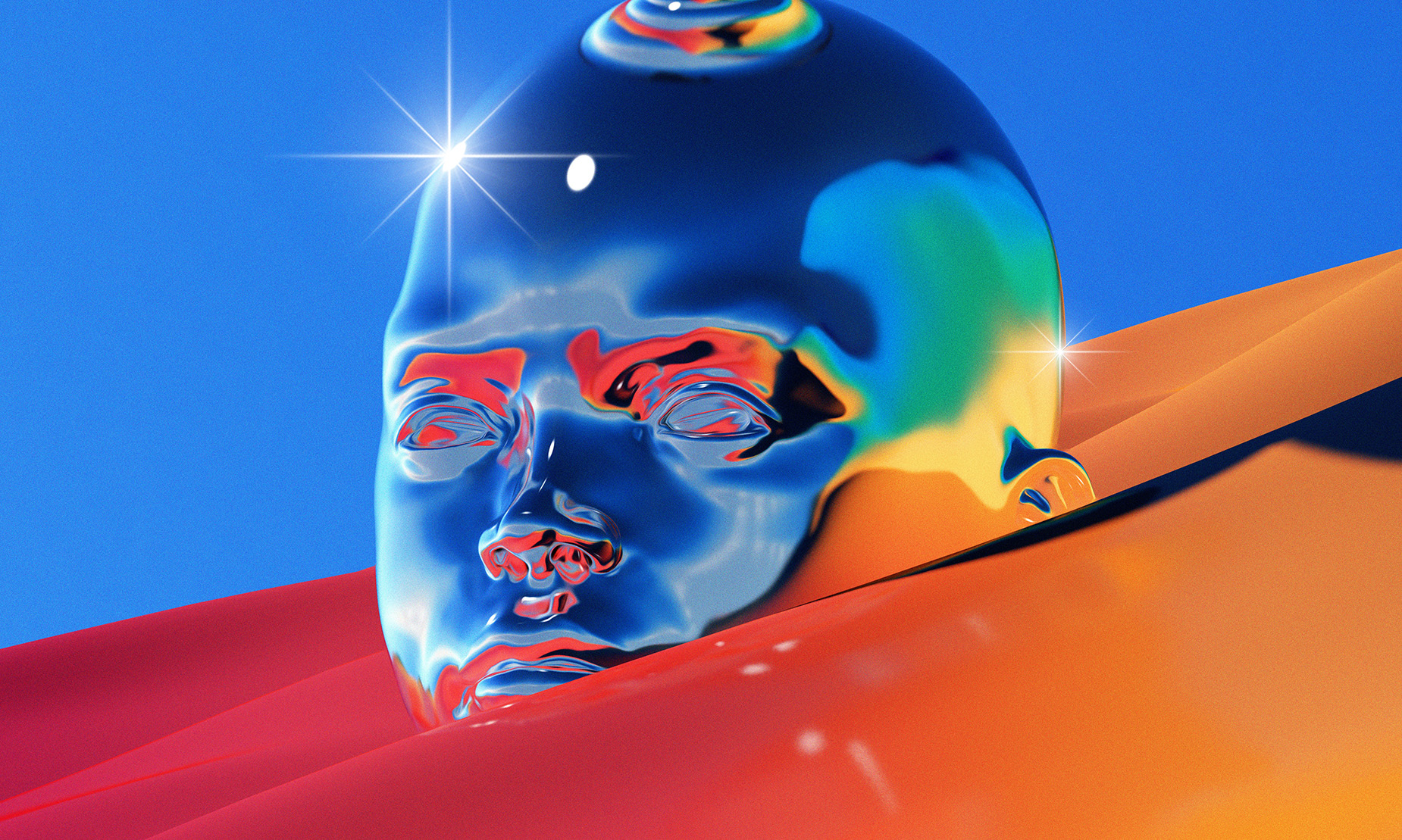 A surreal image of a boy's head in many colors