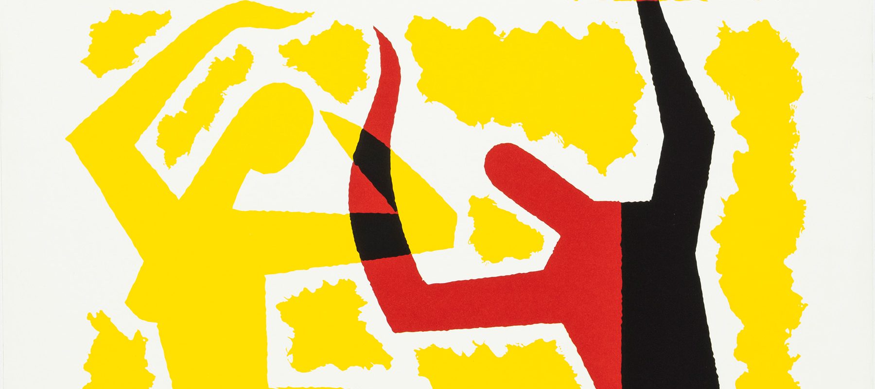 A stylized figure of a woman dances with the stylized figure of a man.