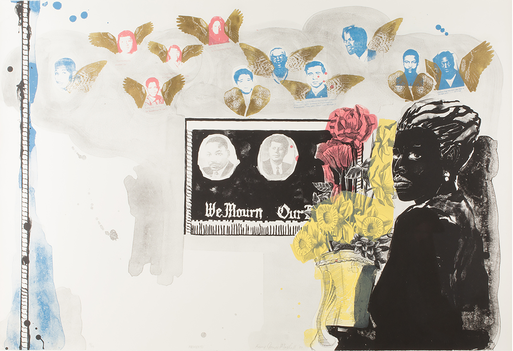 Painting of a woman looking at portrayals of American civil rights heroes.