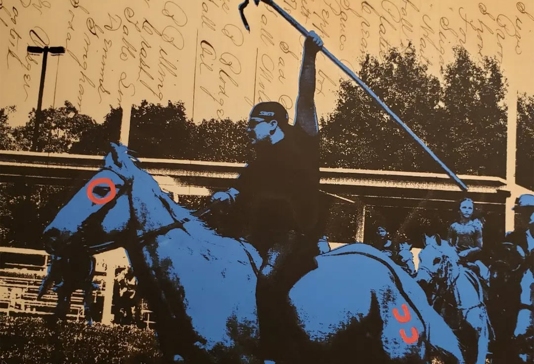 An modern indigenous man with a spear on a horse