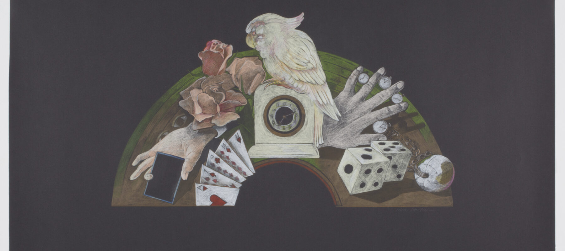 A magician's tools: white bird, cards, dice, gloves.