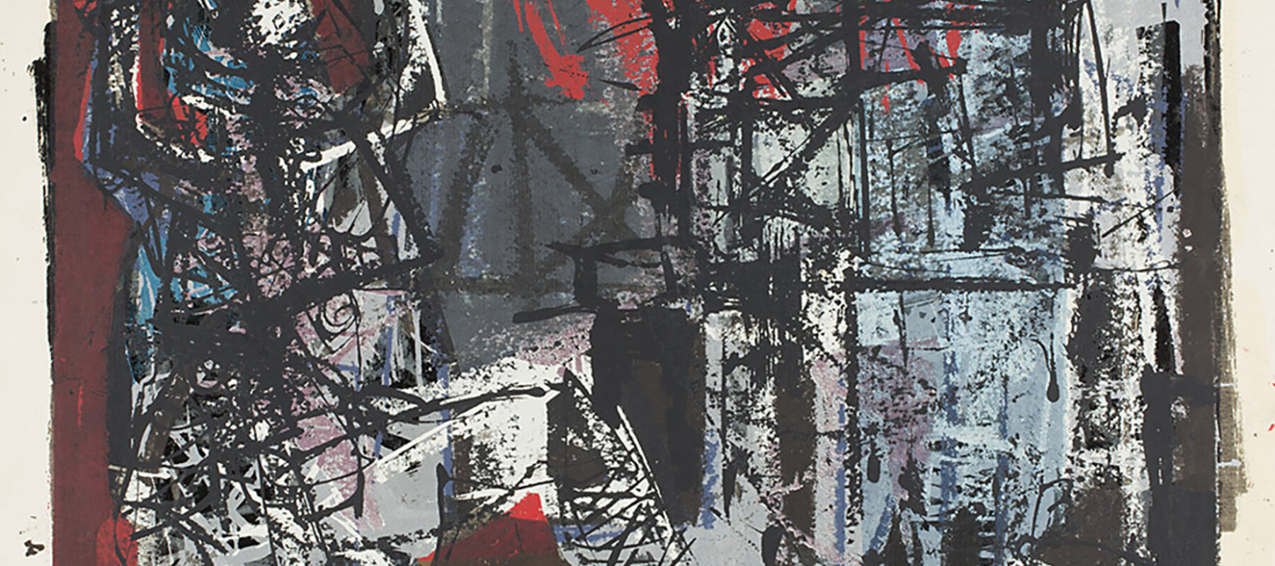 A black, red, and blue abstract painting constructed of bold lines